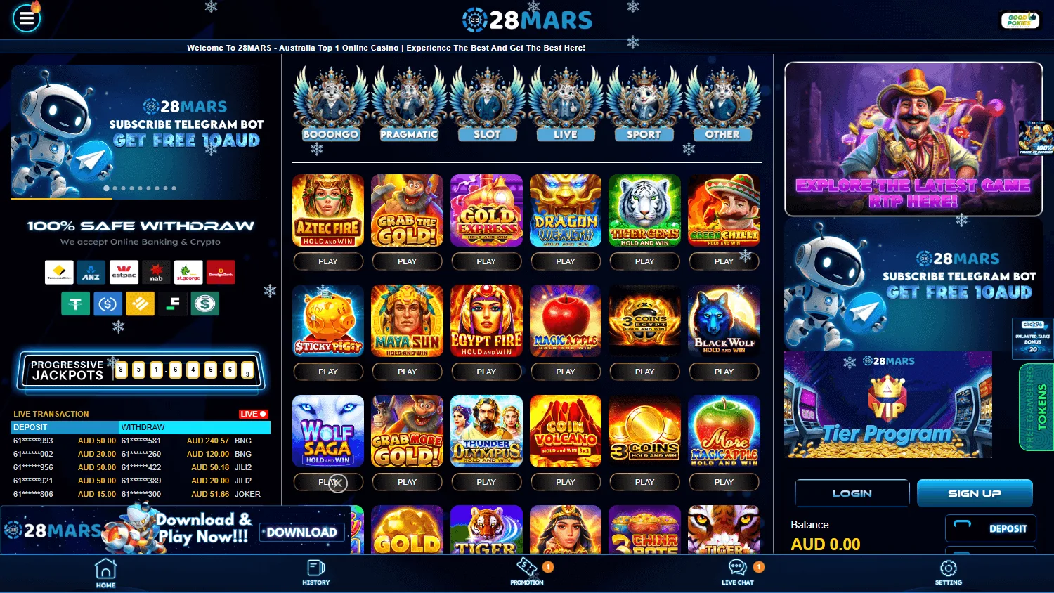 28 Mars Casino home page on desktop