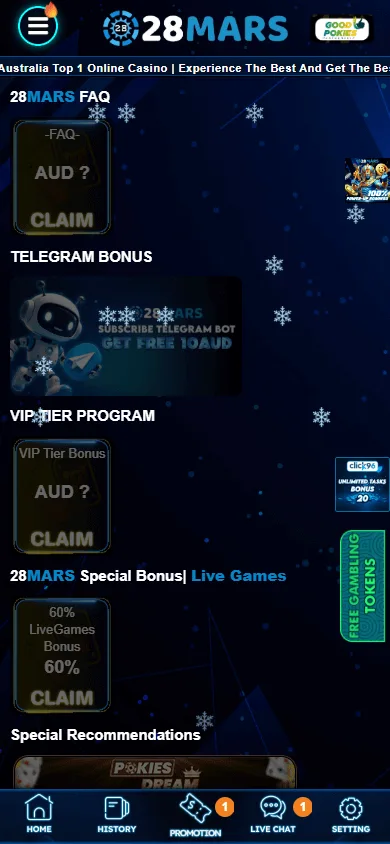 28 Mars Casino promotions page on mobile
